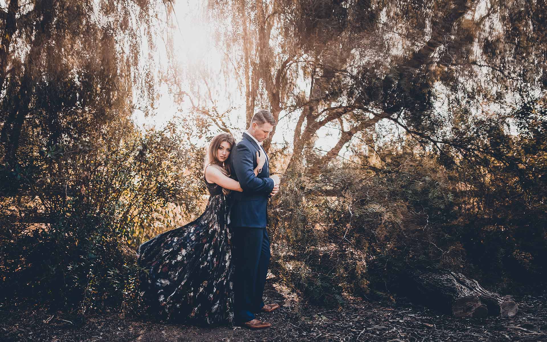 Carbon Canyon Orange County engagement session at sunrise by trees