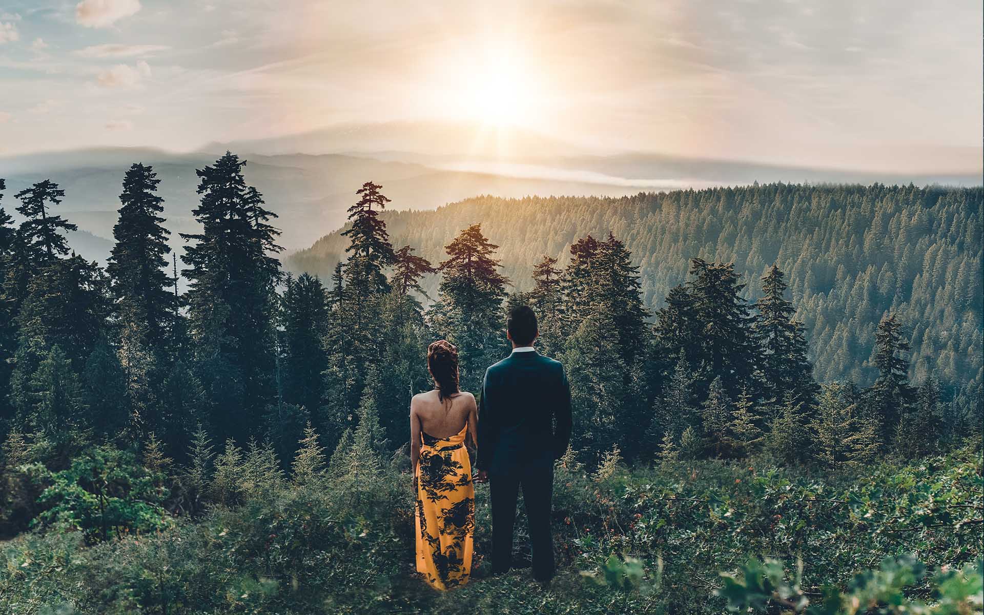 Lake arrowhead forest sunset engagement session